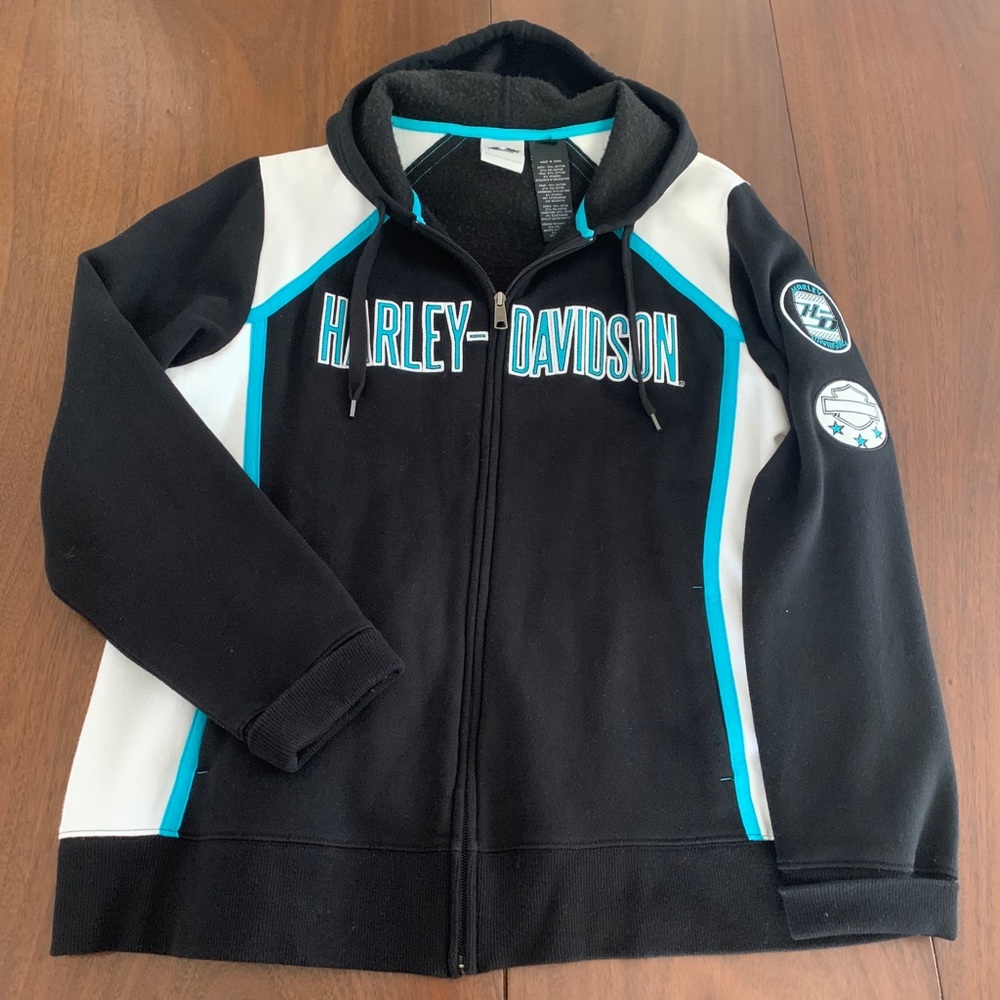 Black, white and blue Harley Davidson jacket